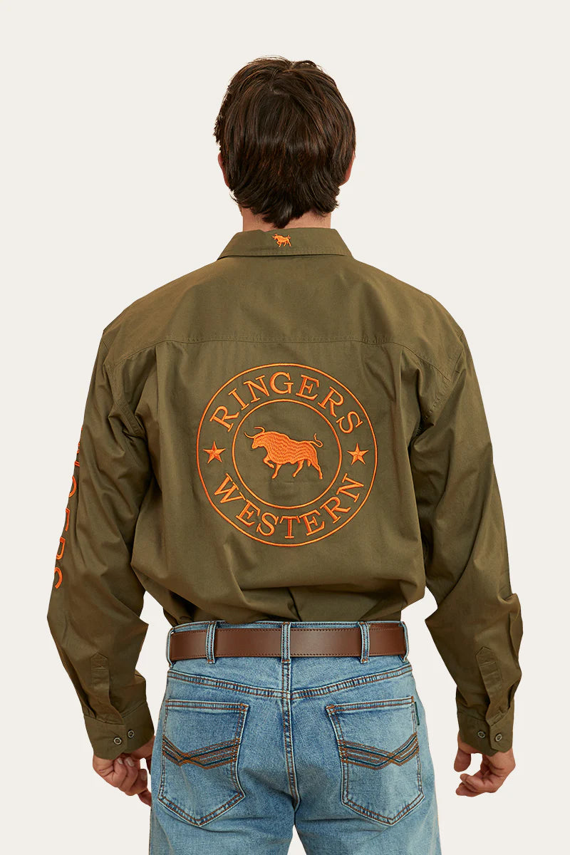 Hawkeye Mens Full Button Work Shirt  - Military Green /Orange