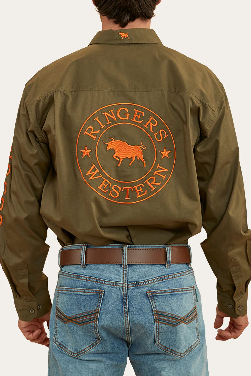 Hawkeye Mens Full Button Work Shirt  - Military Green /Orange