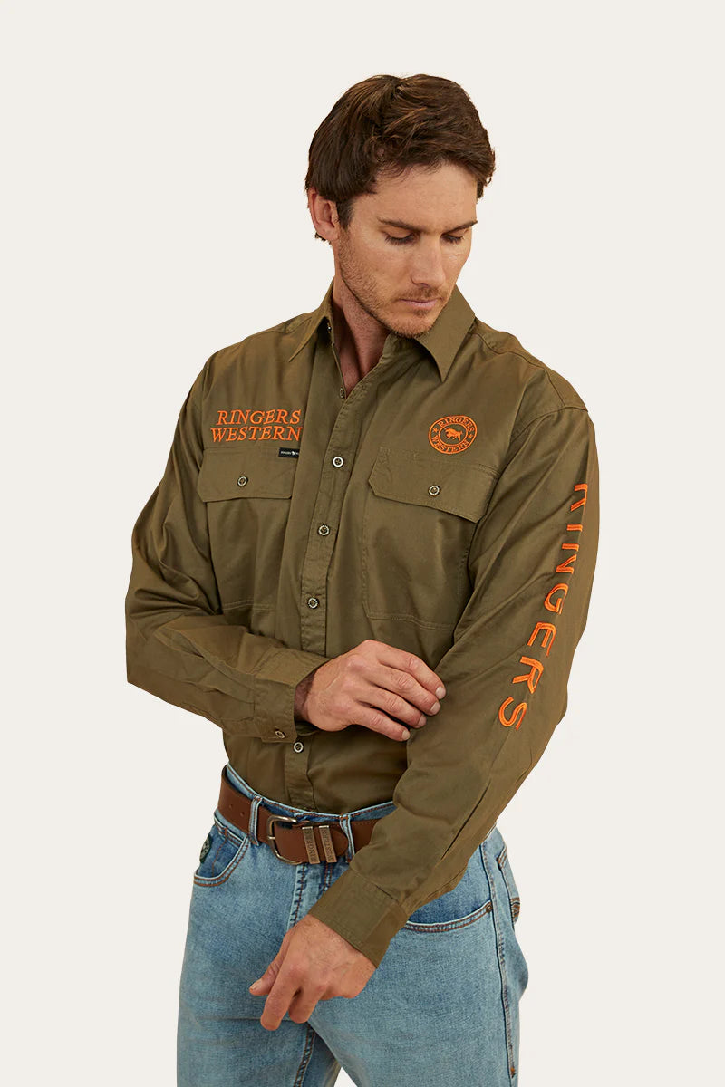 Hawkeye Mens Full Button Work Shirt  - Military Green /Orange