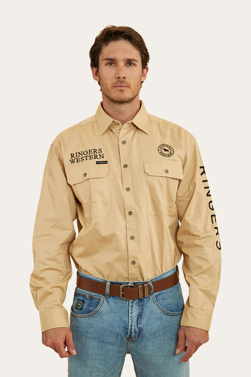 Hawkeye Mens Full Button Work Shirt  - Dark Sand / Black