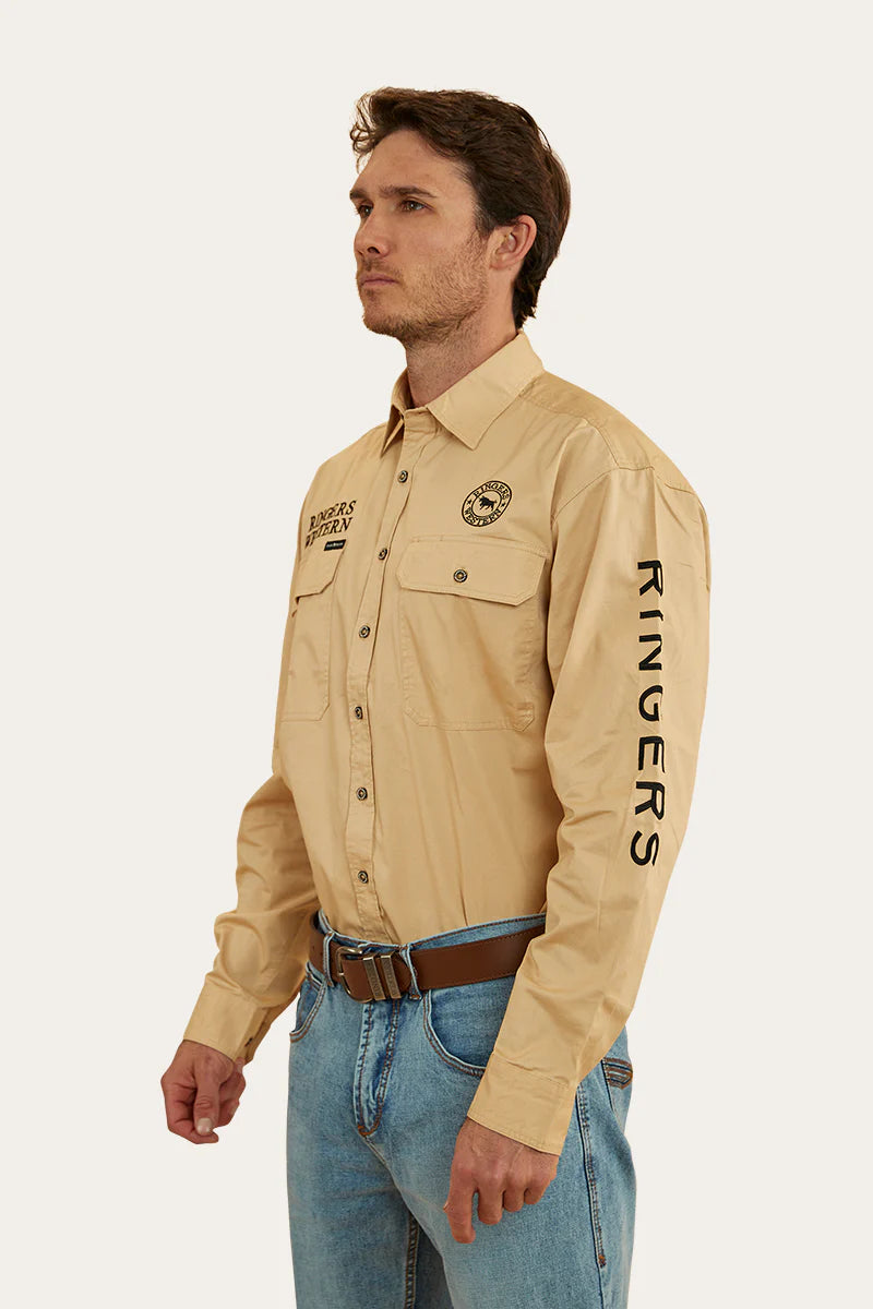Hawkeye Mens Full Button Work Shirt  - Dark Sand / Black