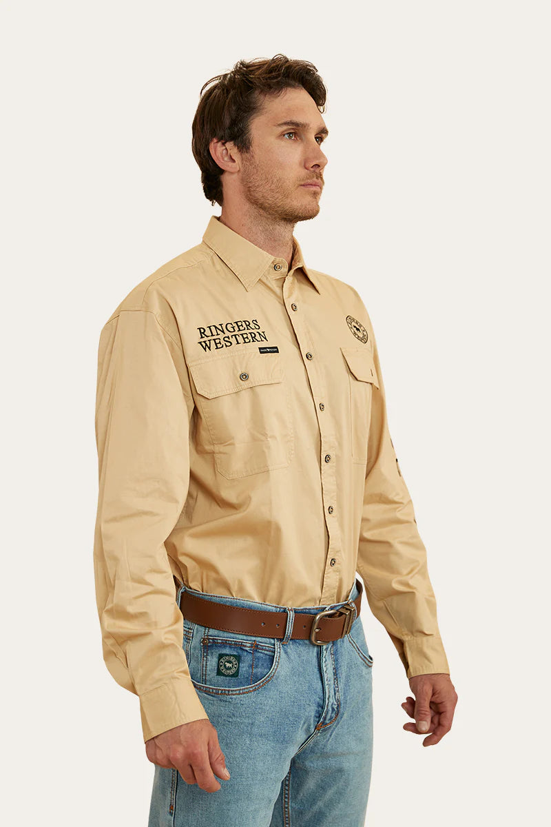 Hawkeye Mens Full Button Work Shirt  - Dark Sand / Black