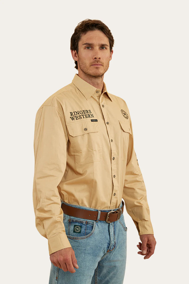 Hawkeye Mens Full Button Work Shirt  - Dark Sand / Black
