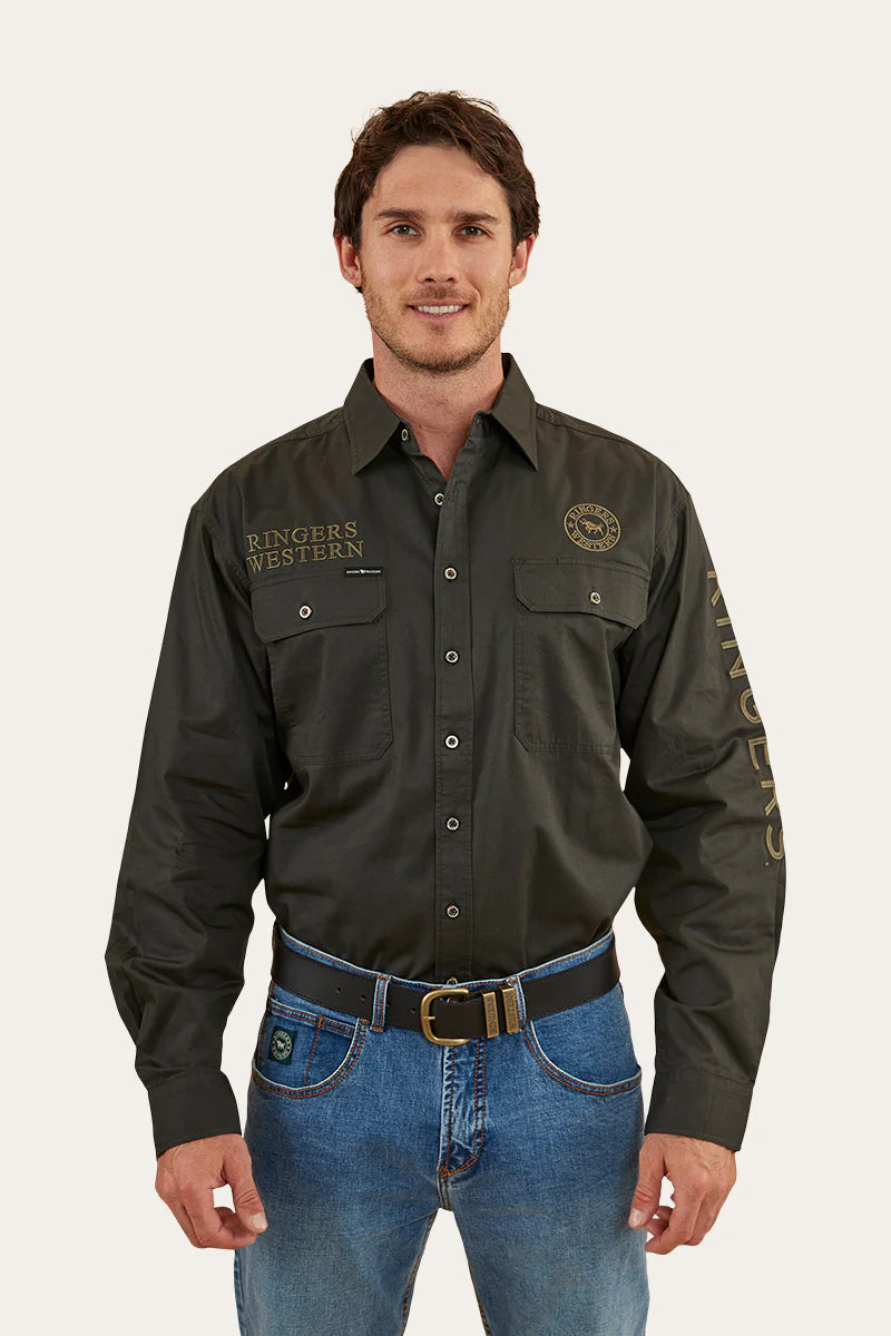 Hawkeye Mens Full Button Work Shirt  - Charcoal/Military Green
