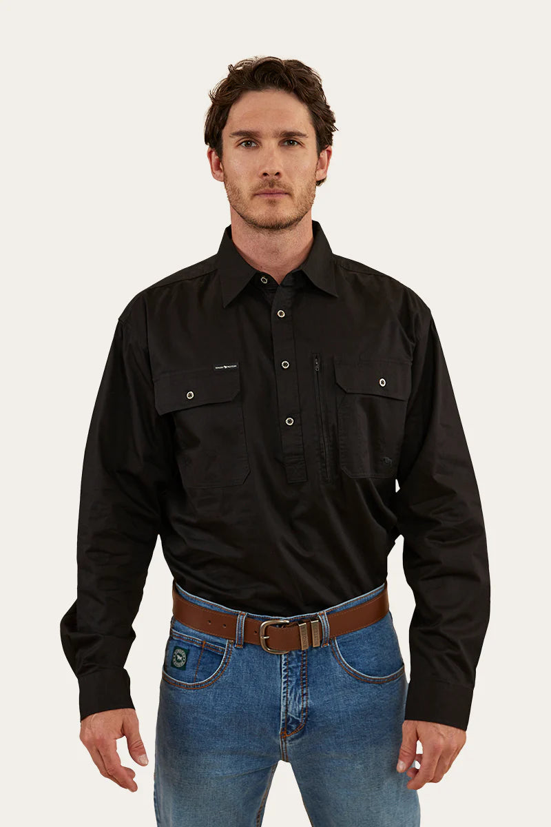 Tempest Mens Half Button Work Shirt  - Black