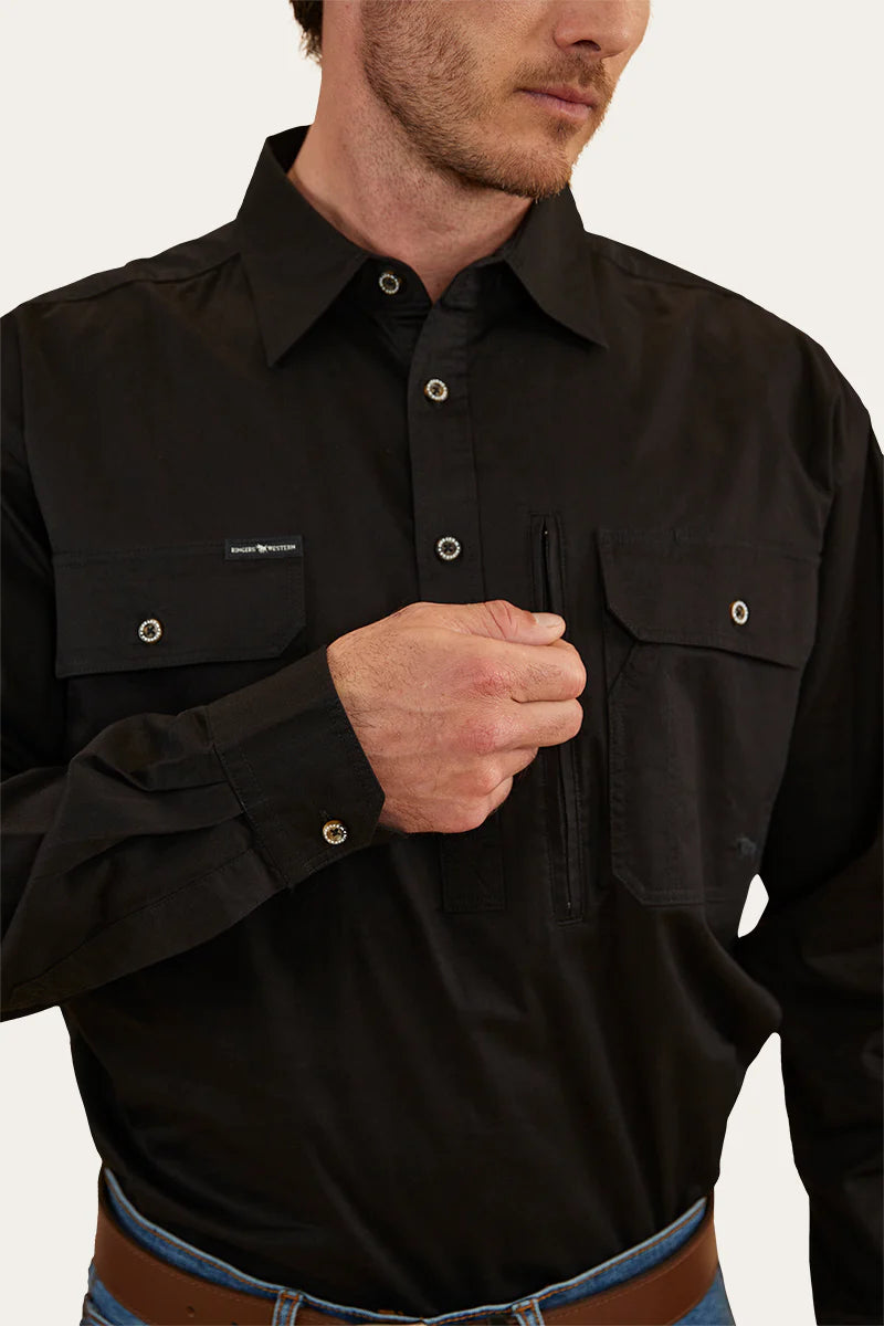 Tempest Mens Half Button Work Shirt  - Black
