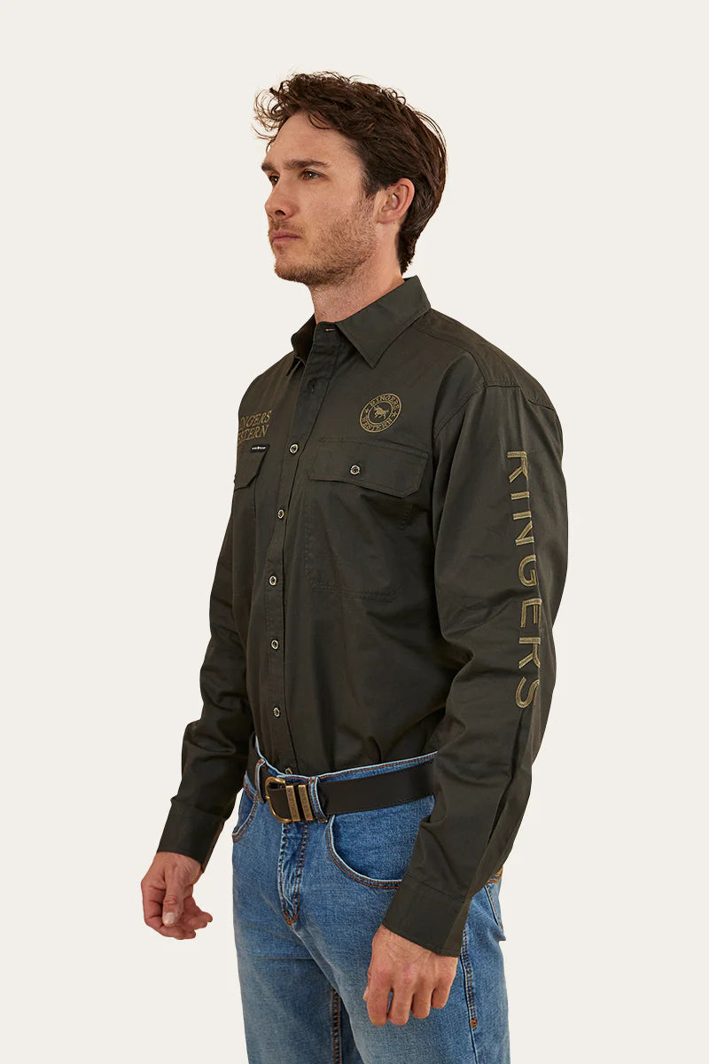 Hawkeye Mens Full Button Work Shirt  - Charcoal/Military Green