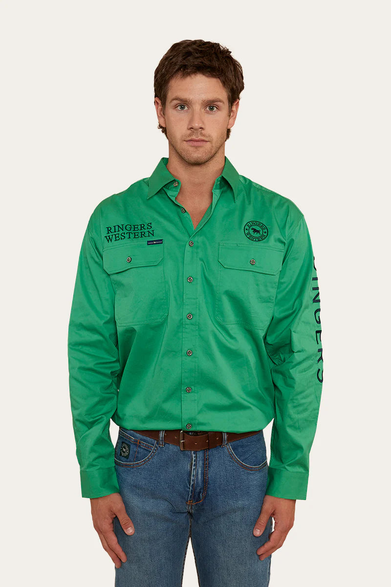 Hawkeye Mens Full Button Work Shirt - Kelly Green/Navy