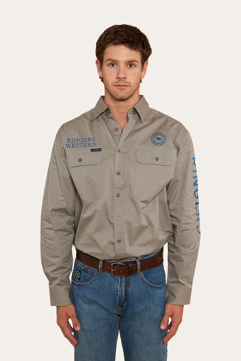 Hawkeye Mens Full Button Work Shirt  - Grey/Snorkel Blue