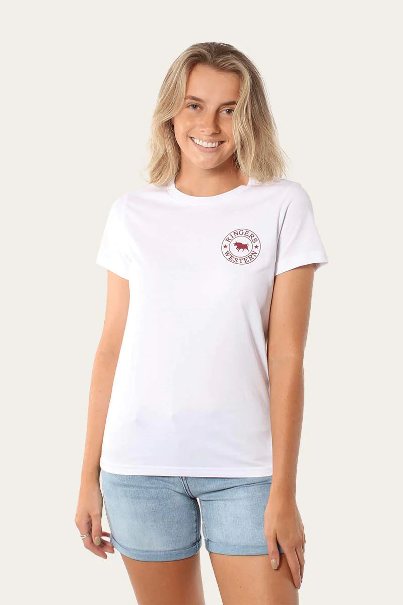 Signature Bull Womens Original Fit T-Shirt- White With Burgundy Print
