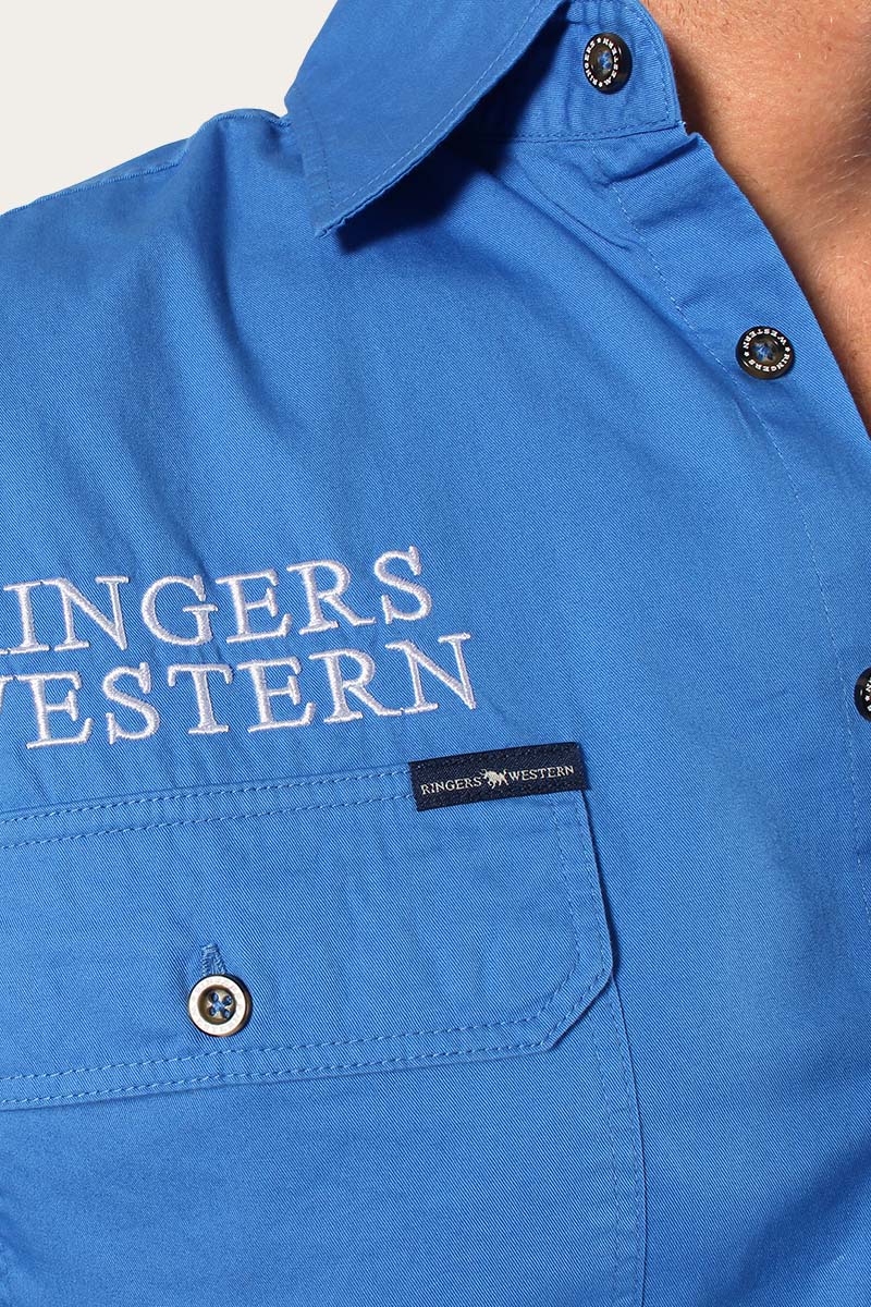 Hawkeye Mens Full Button Work Shirt  - Blue/White