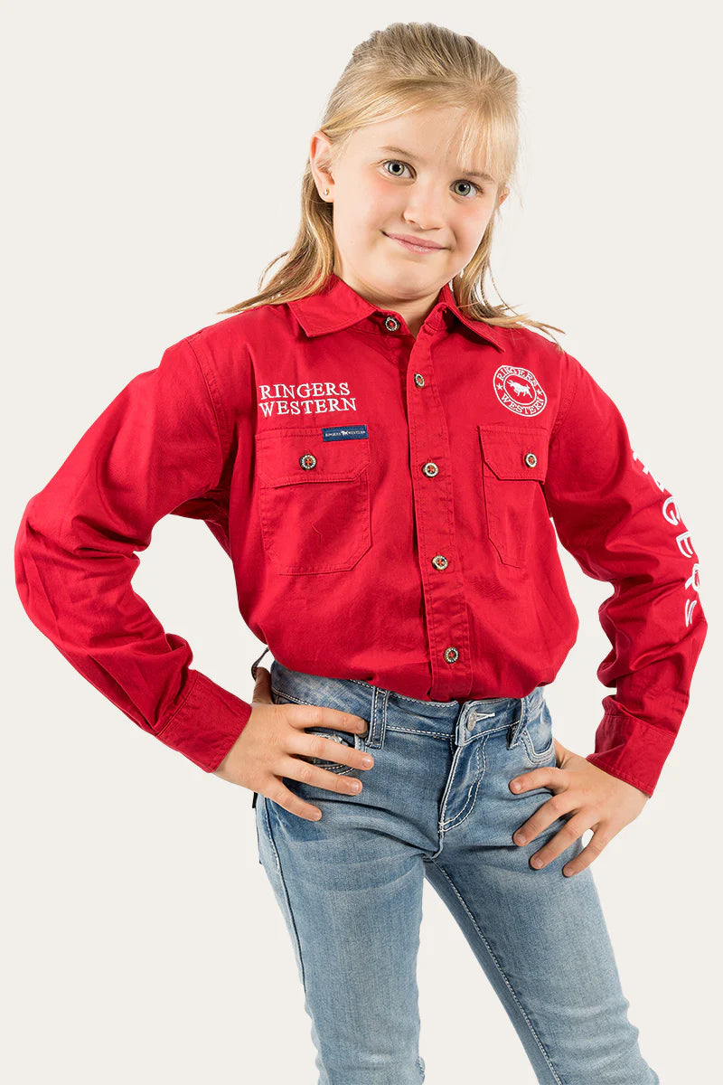 Jackaroo Kids Full Button Work Shirt - Dark Red /White