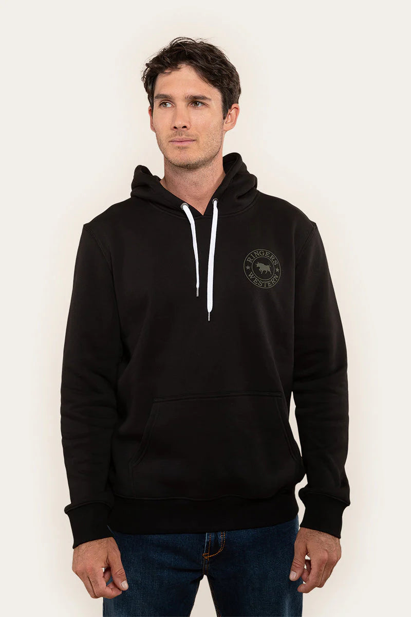 Signature Bull Mens Pullover Hoodie  - Black With Military Green Print