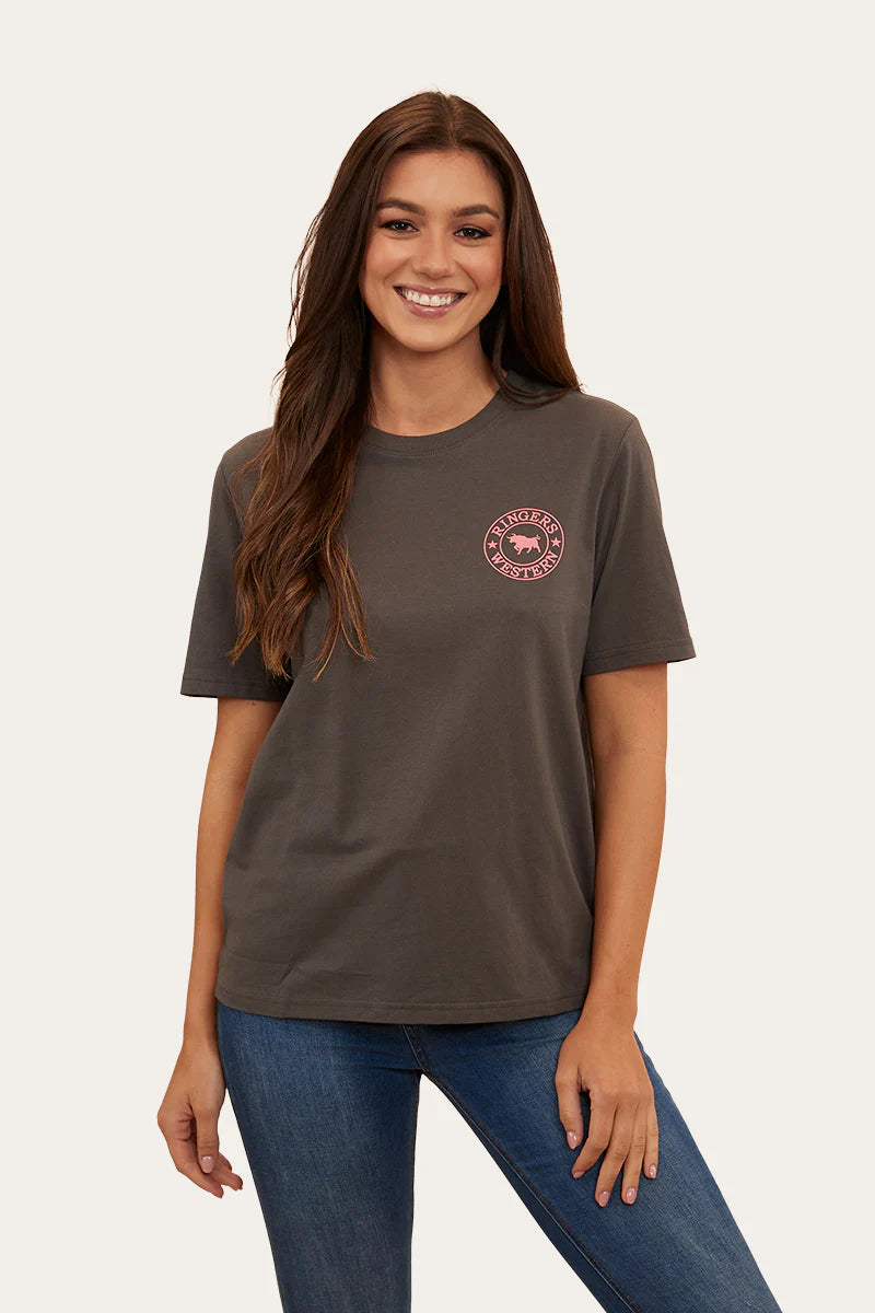 Signature Bull Womens Loose Fit T-Shirt- Vintage Black With Strawberry Pink Print