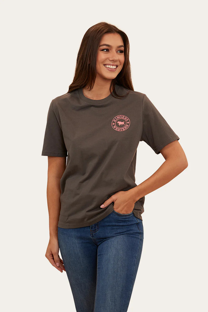 Signature Bull Womens Loose Fit T-Shirt- Vintage Black With Strawberry Pink Print