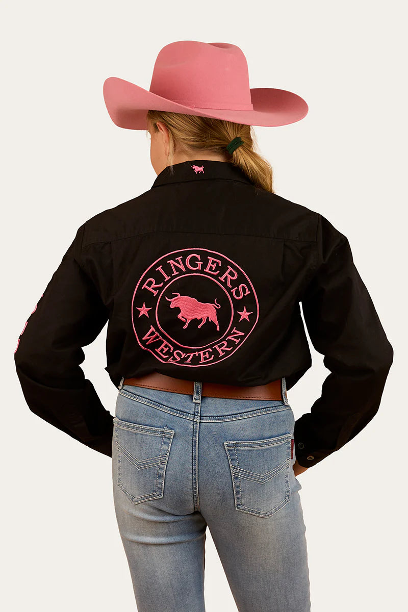 Jackaroo Kids Full Button Work Shirt - Black/Melon