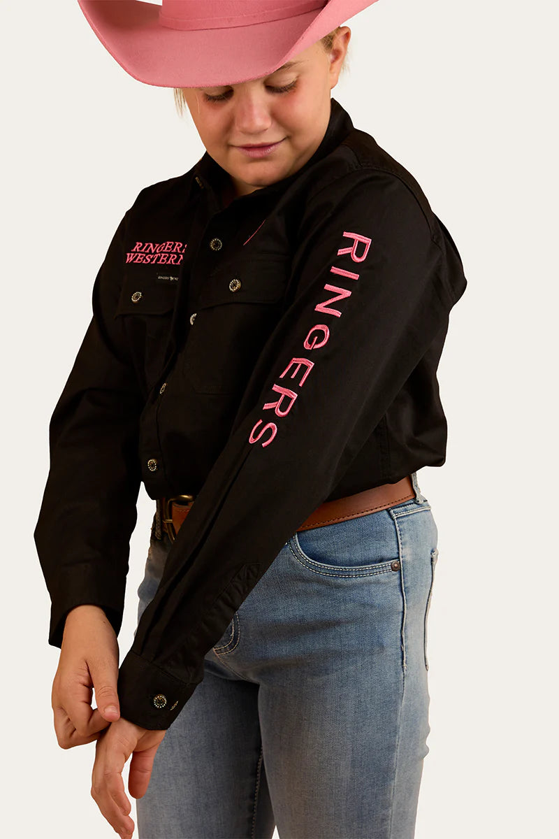 Jackaroo Kids Full Button Work Shirt - Black/Melon