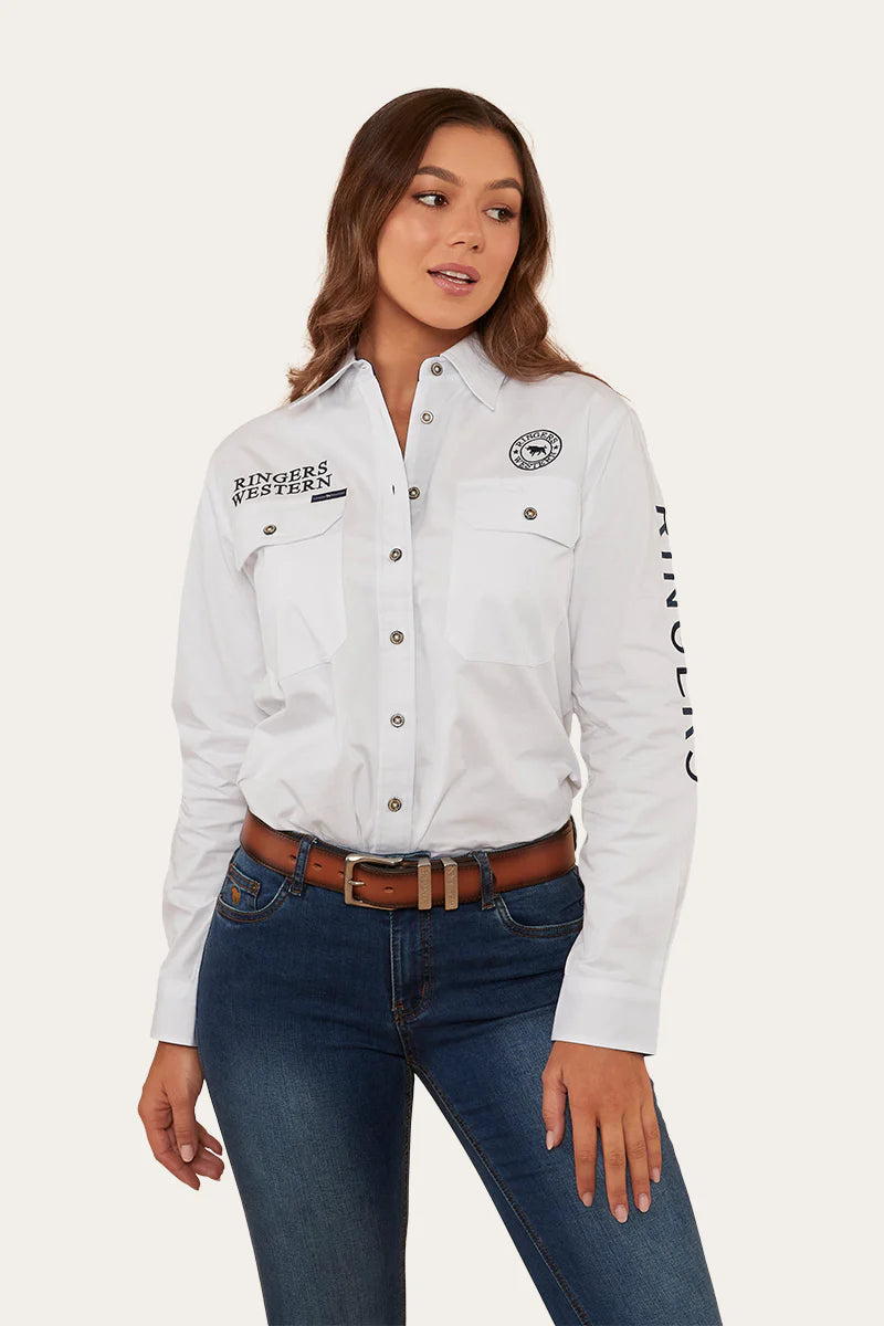 Signature Jillaroo Womens Full Button Work Shirt - White/Navy
