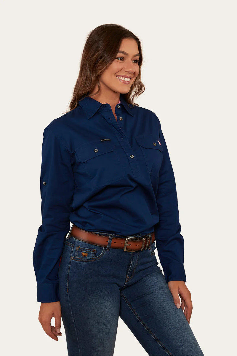 Pentecost River Womens Half Button Work Shirt - Navy/Pastel Pink