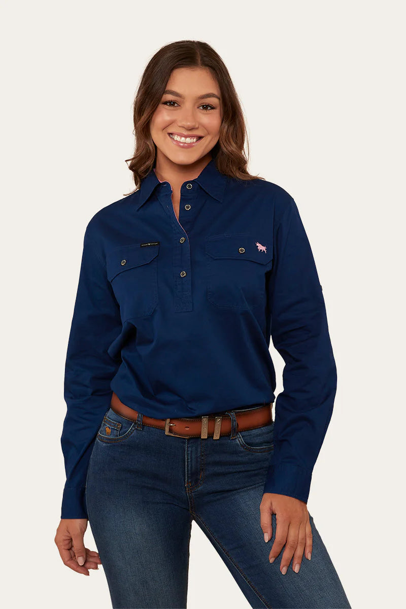 Pentecost River Womens Half Button Work Shirt - Navy/Pastel Pink