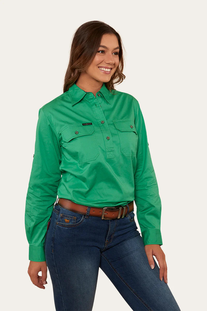 Pentecost River Womens Half Button Work Shirt - Kelly Green/Navy