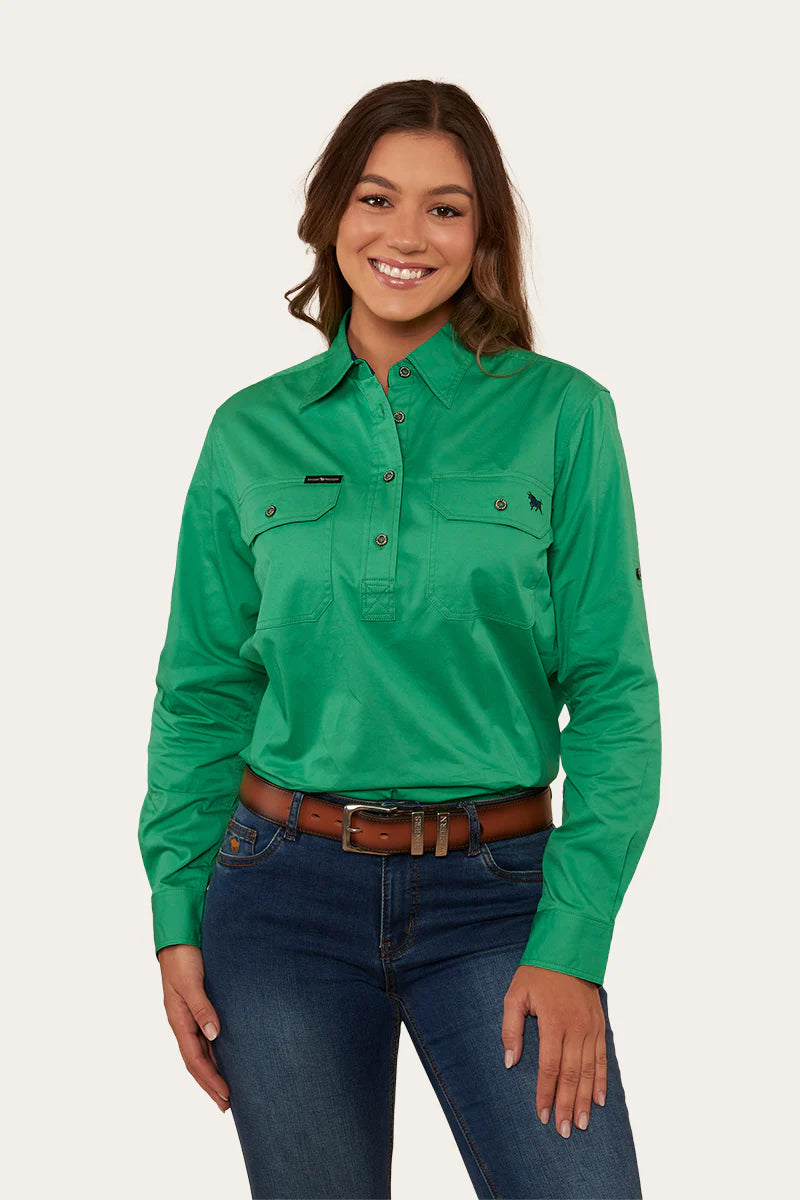 Pentecost River Womens Half Button Work Shirt - Kelly Green/Navy