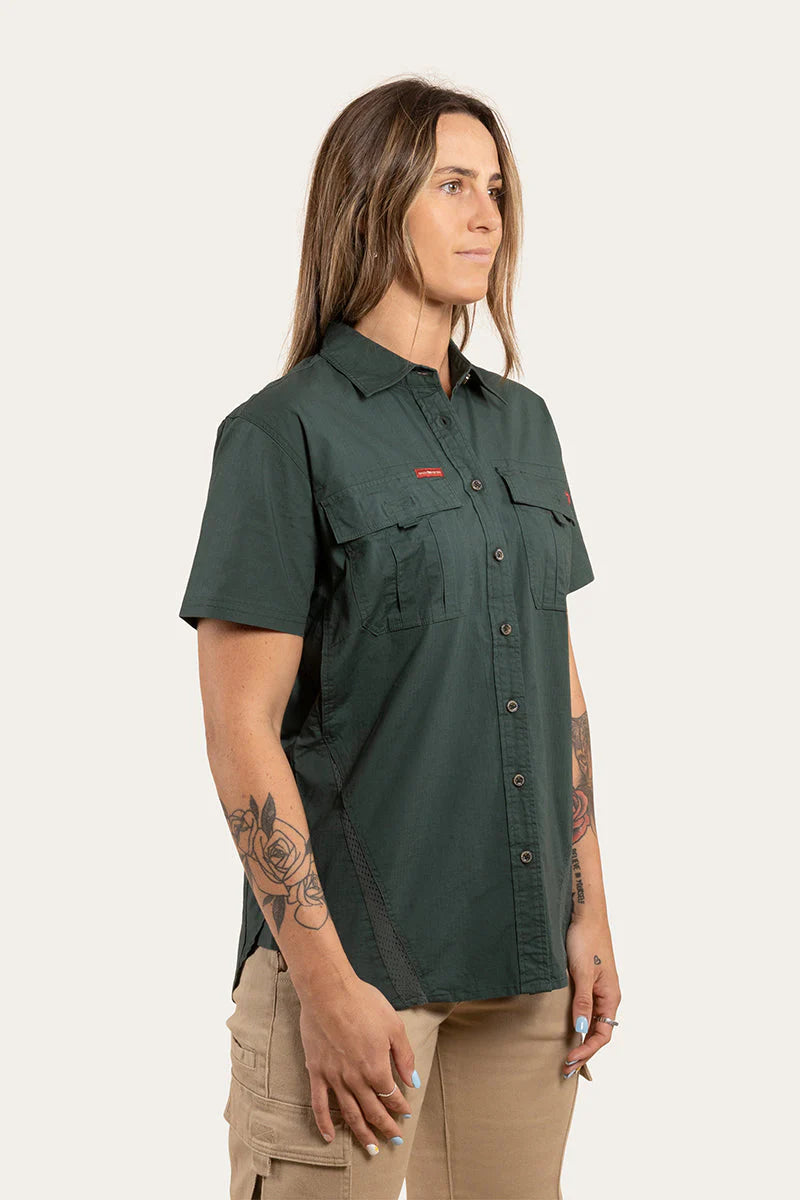 Ashburton Womens Ripstop Full Button Short Sleeve Work Shirt- Forest Green