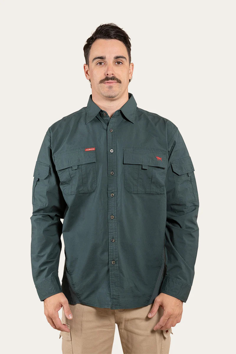 Pilbara Mens Ripstop Full Button Work Shirt - Forest