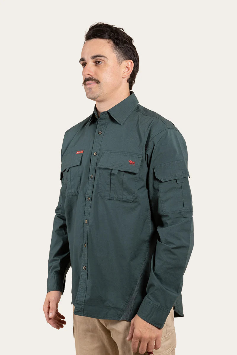 Pilbara Mens Ripstop Full Button Work Shirt - Forest