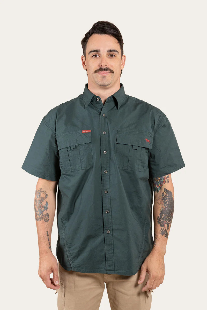Bulgarra Mens Ripstop Full Button Short Sleeve Work Shirt - Forest Green