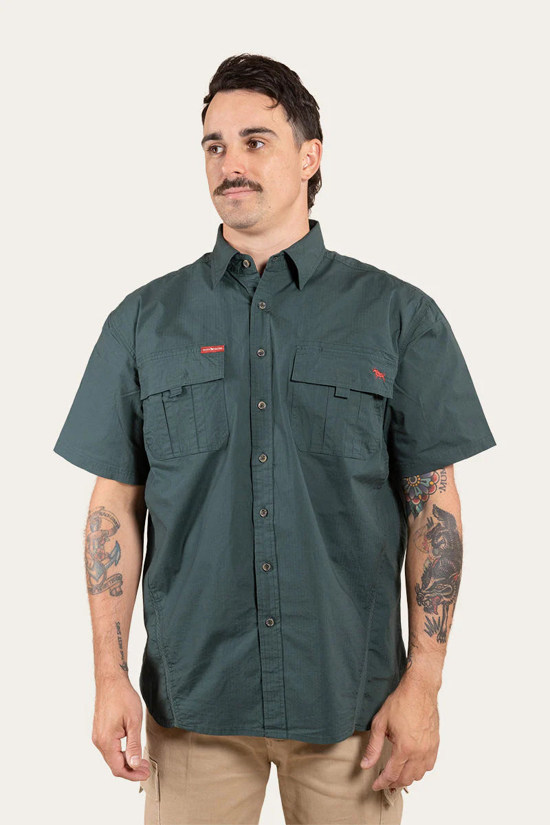 Bulgarra Mens Ripstop Full Button Short Sleeve Work Shirt - Forest Green