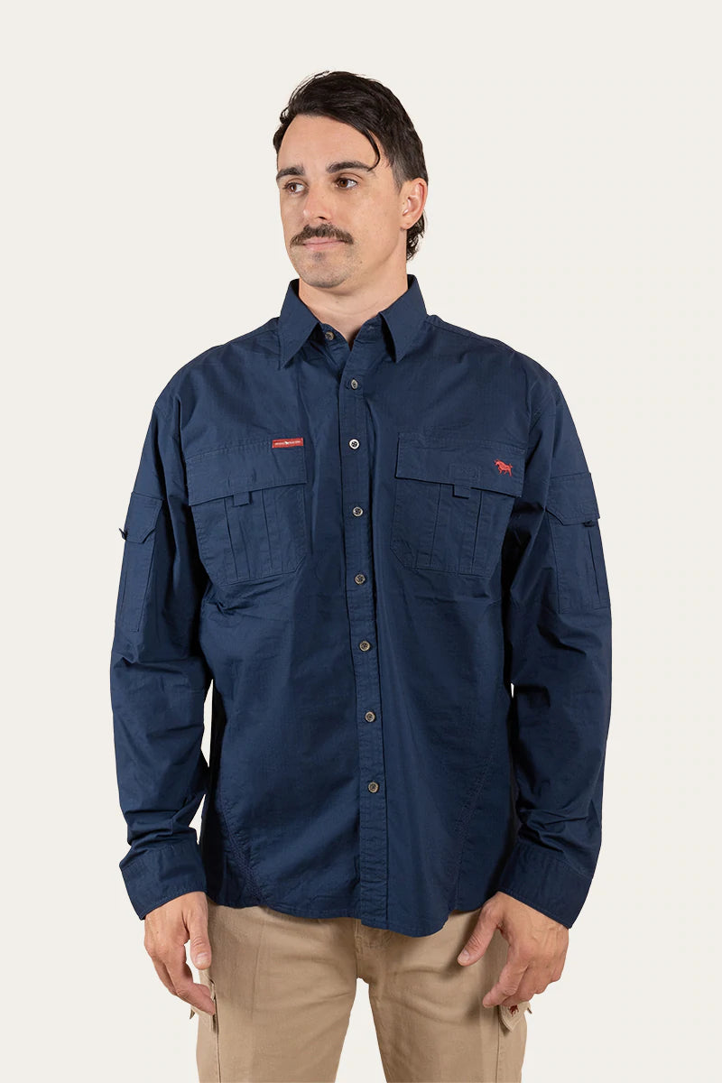 Pilbara Mens Ripstop Full Button Work Shirt - Dark Navy