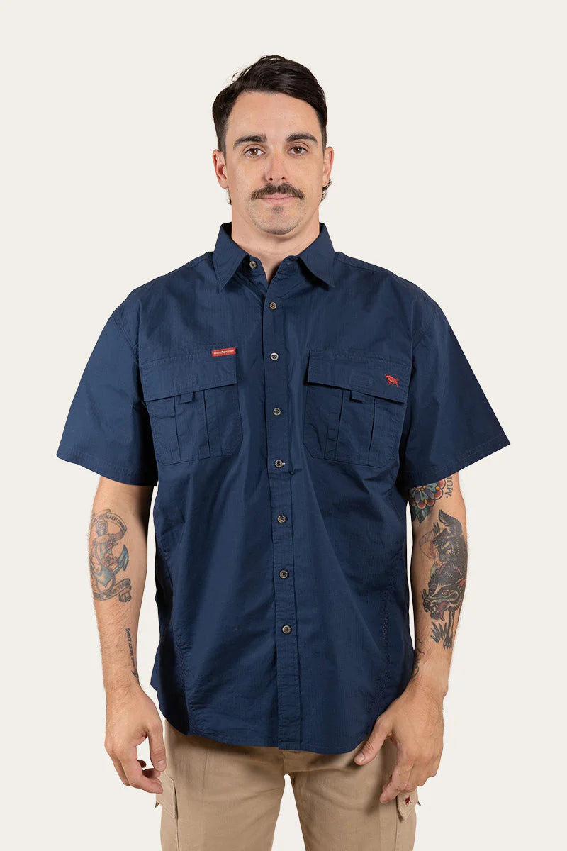 Bulgarra Mens Ripstop Full Button Short Sleeve Work Shirt - Dark Navy
