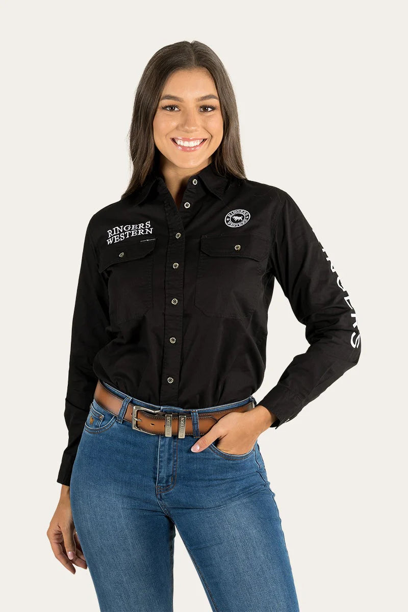 Signature Jillaroo Womens Full Button Work Shirt- Black With White Embroidery