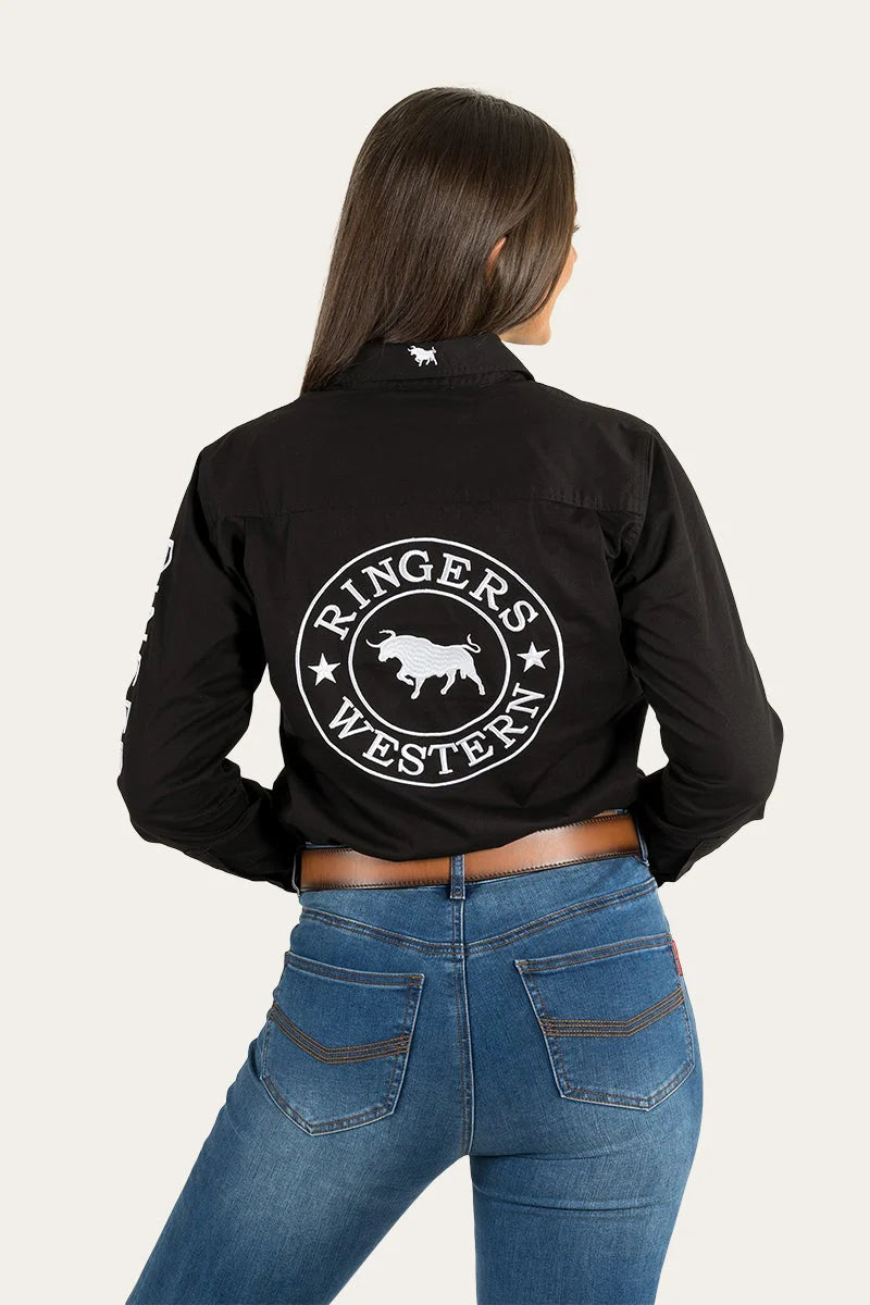 Signature Jillaroo Womens Full Button Work Shirt- Black With White Embroidery