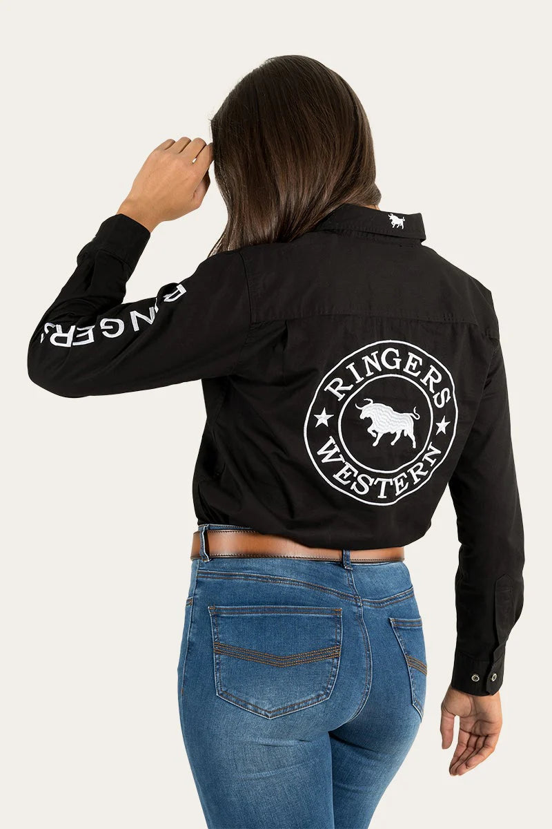 Signature Jillaroo Womens Full Button Work Shirt- Black With White Embroidery