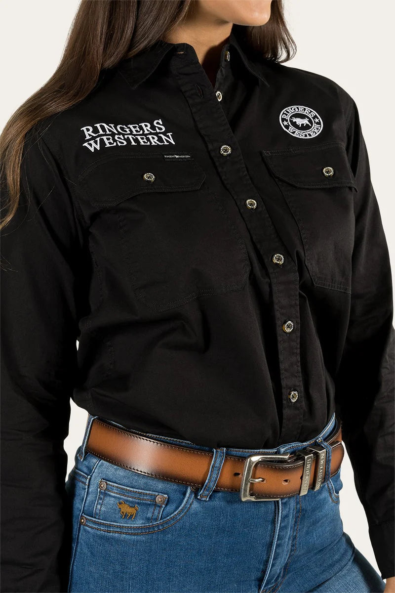 Signature Jillaroo Womens Full Button Work Shirt- Black With White Embroidery