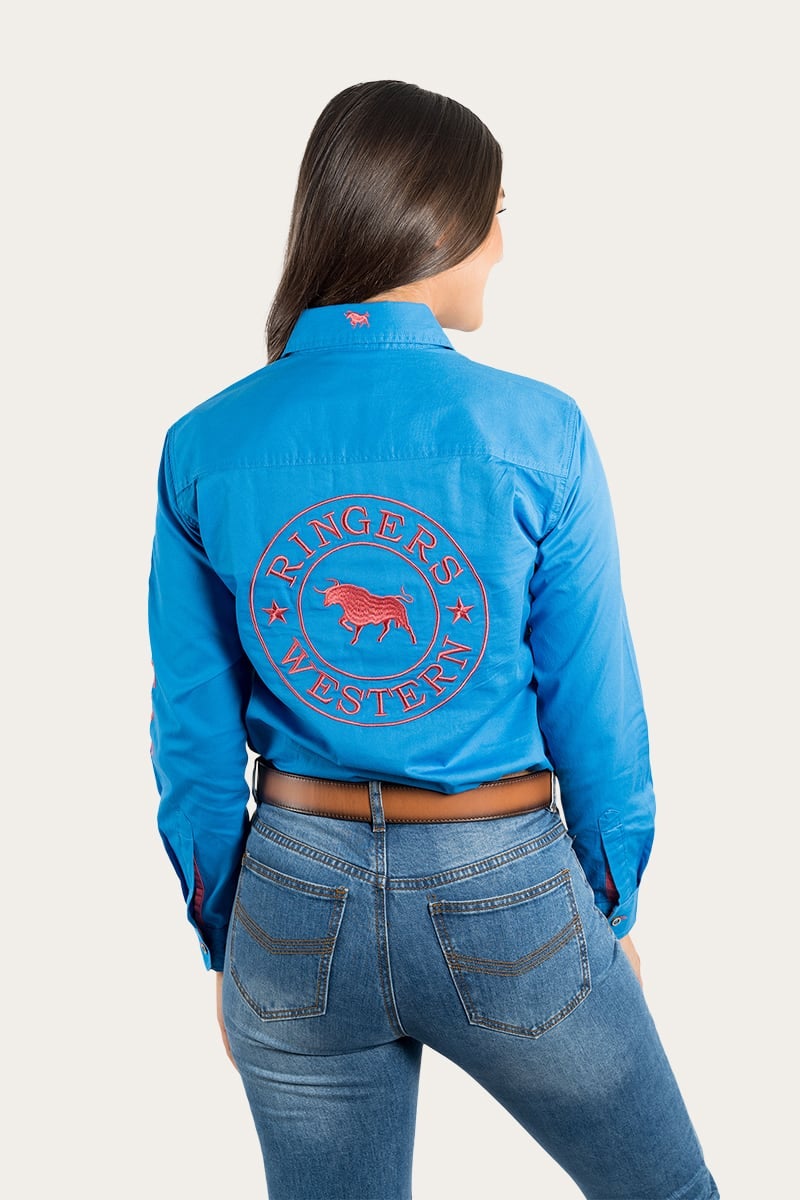 Signature Jillaroo Womens Full Button Work Shirt - French Blue With Camelia Rose Embroidery