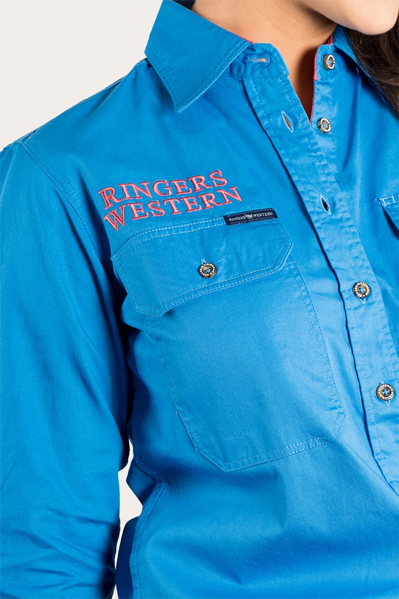 Signature Jillaroo Womens Full Button Work Shirt - French Blue With Camelia Rose Embroidery