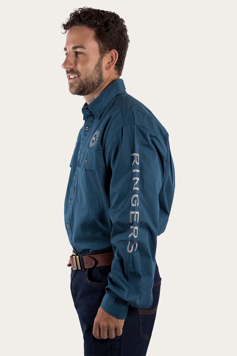 Hawkeye Mens Full Button Work Shirt - Petrol Blue/Ultimate Gray