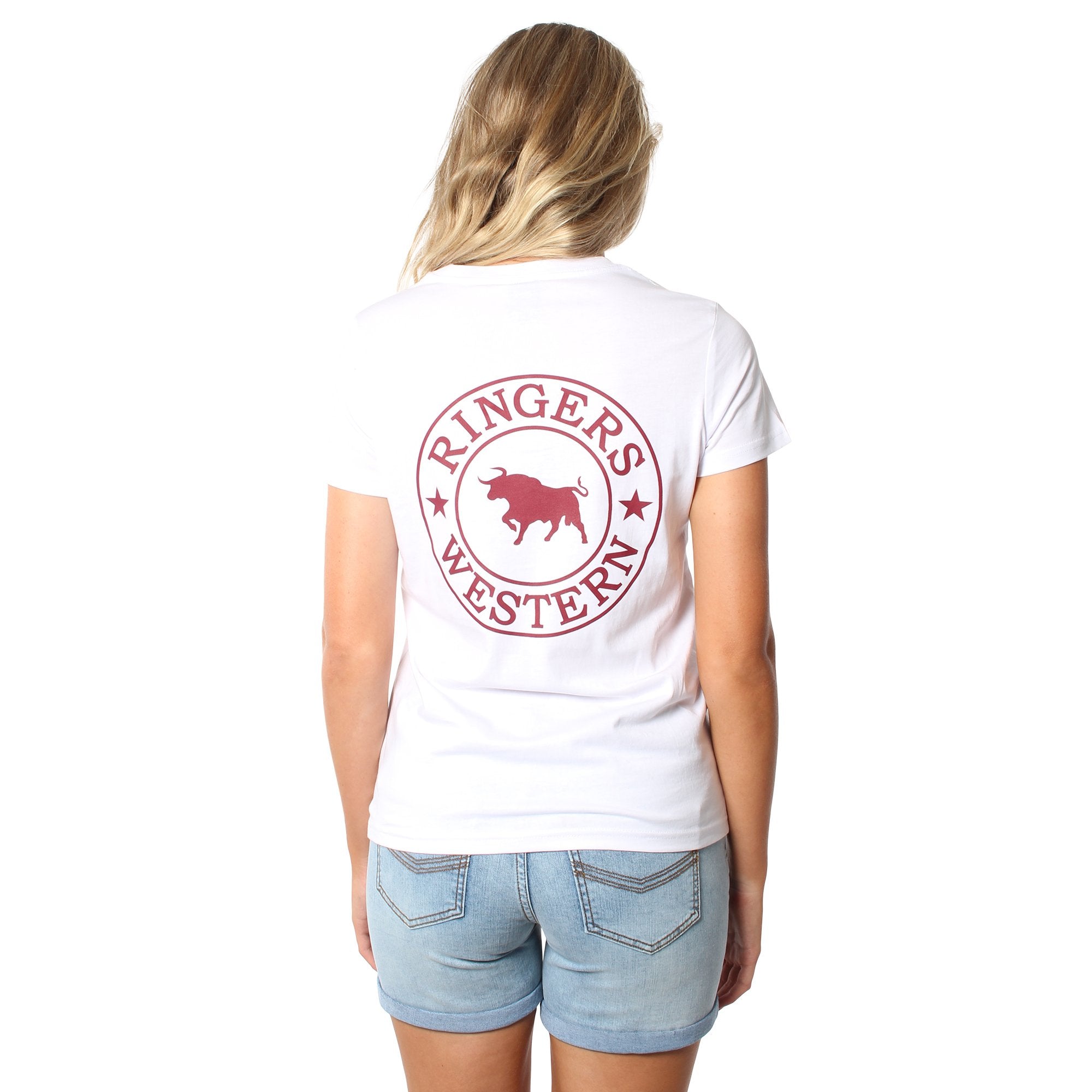 Signature Bull Womens Original Fit T-Shirt- White With Burgundy Print