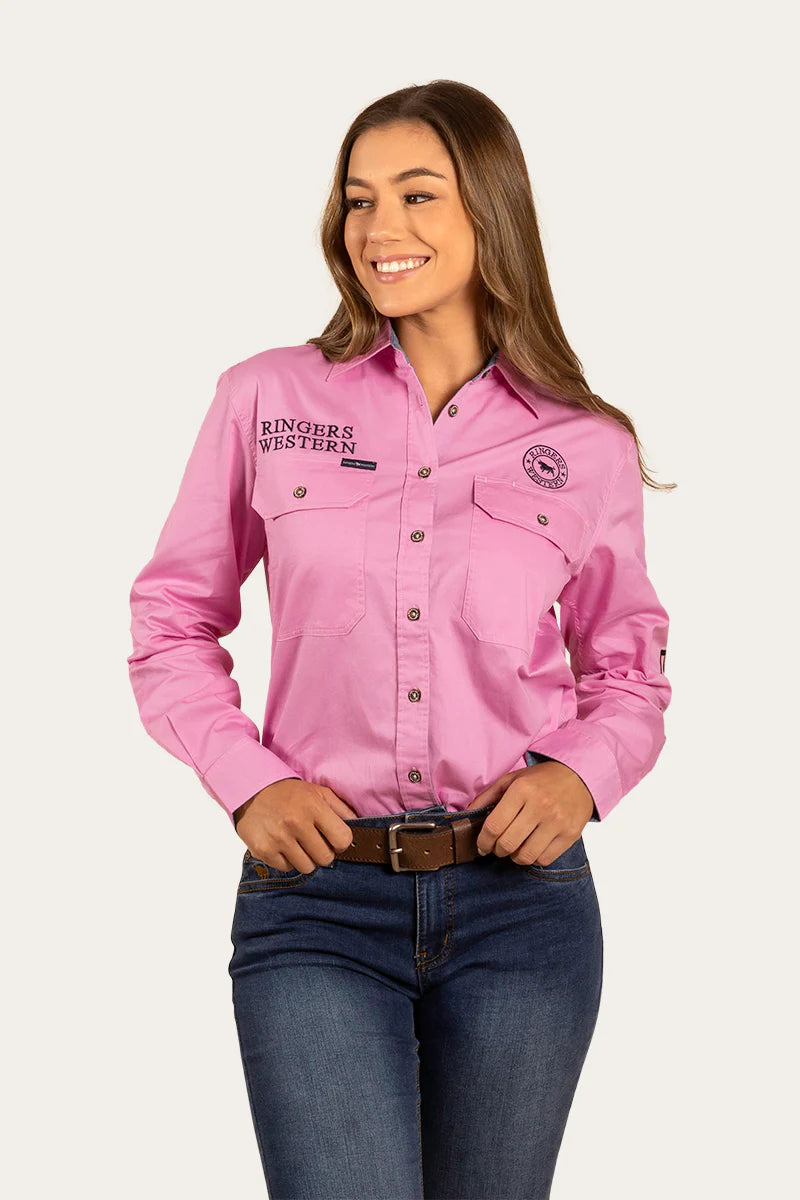 Signature Jillaroo Womens Full Button Work Shirt- Pastel Pink/Navy