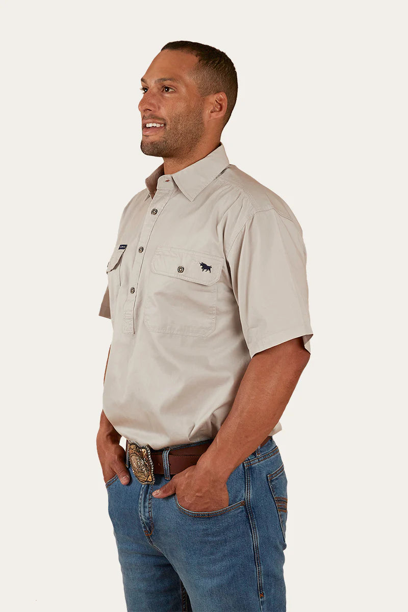 Pack Saddle Mens Short Sleeve Half Button Work Shirt  - Beige