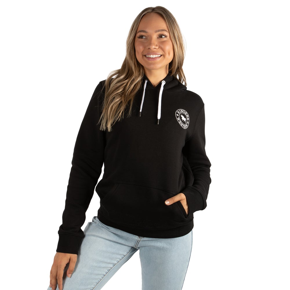 Signature Bull Womens Pullover Hoodie - Black With White Print