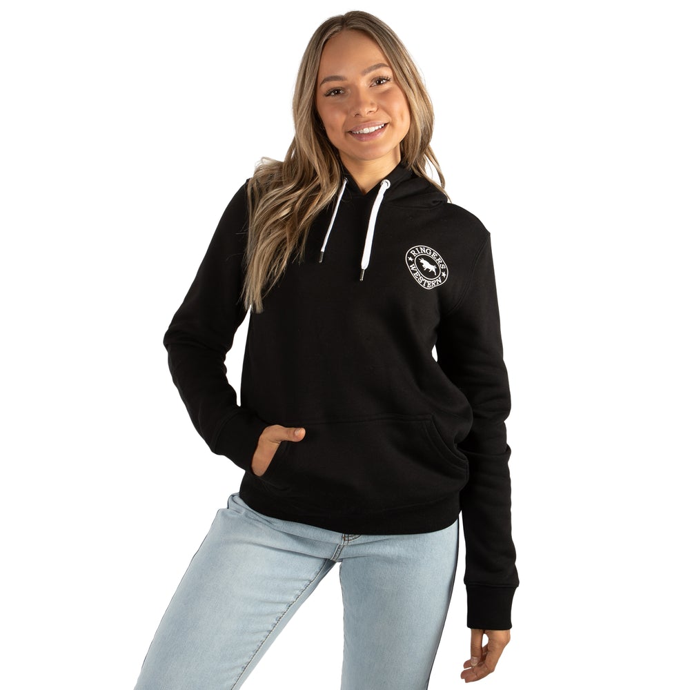Signature Bull Womens Pullover Hoodie - Black With White Print