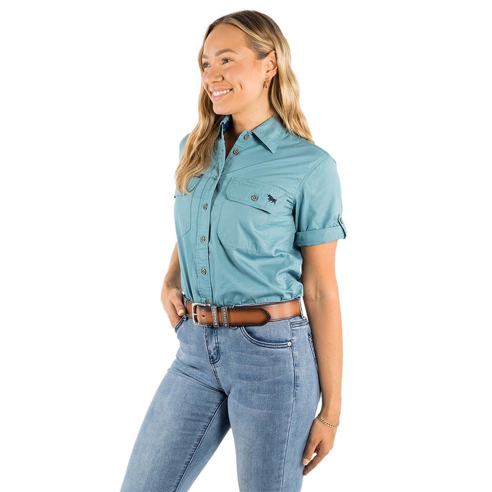 Jules Womens Full Button Short Sleeve Work Shirt - Dusty Jade