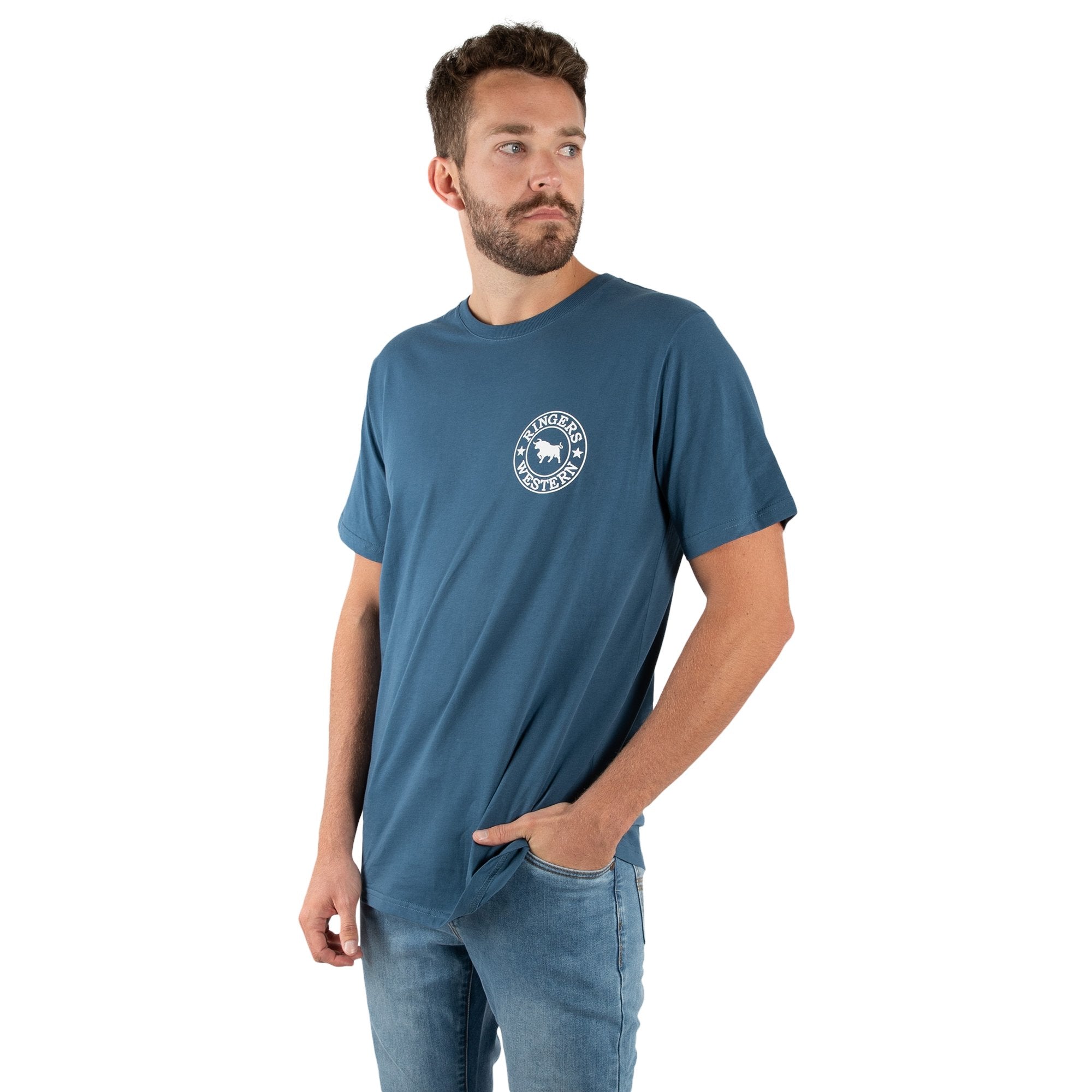 Signature Bull Mens Classic Fit T-Shirt - Dark Blue Steel/White Print