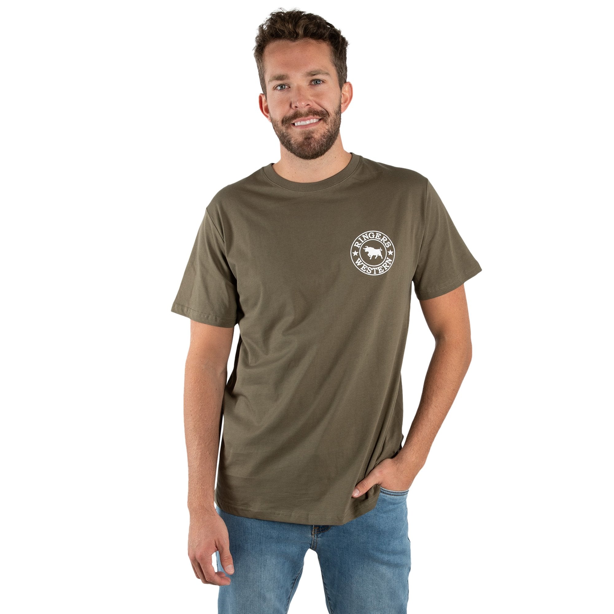 Signature Bull Mens Classic Fit T-Shirt  - Military Green/White