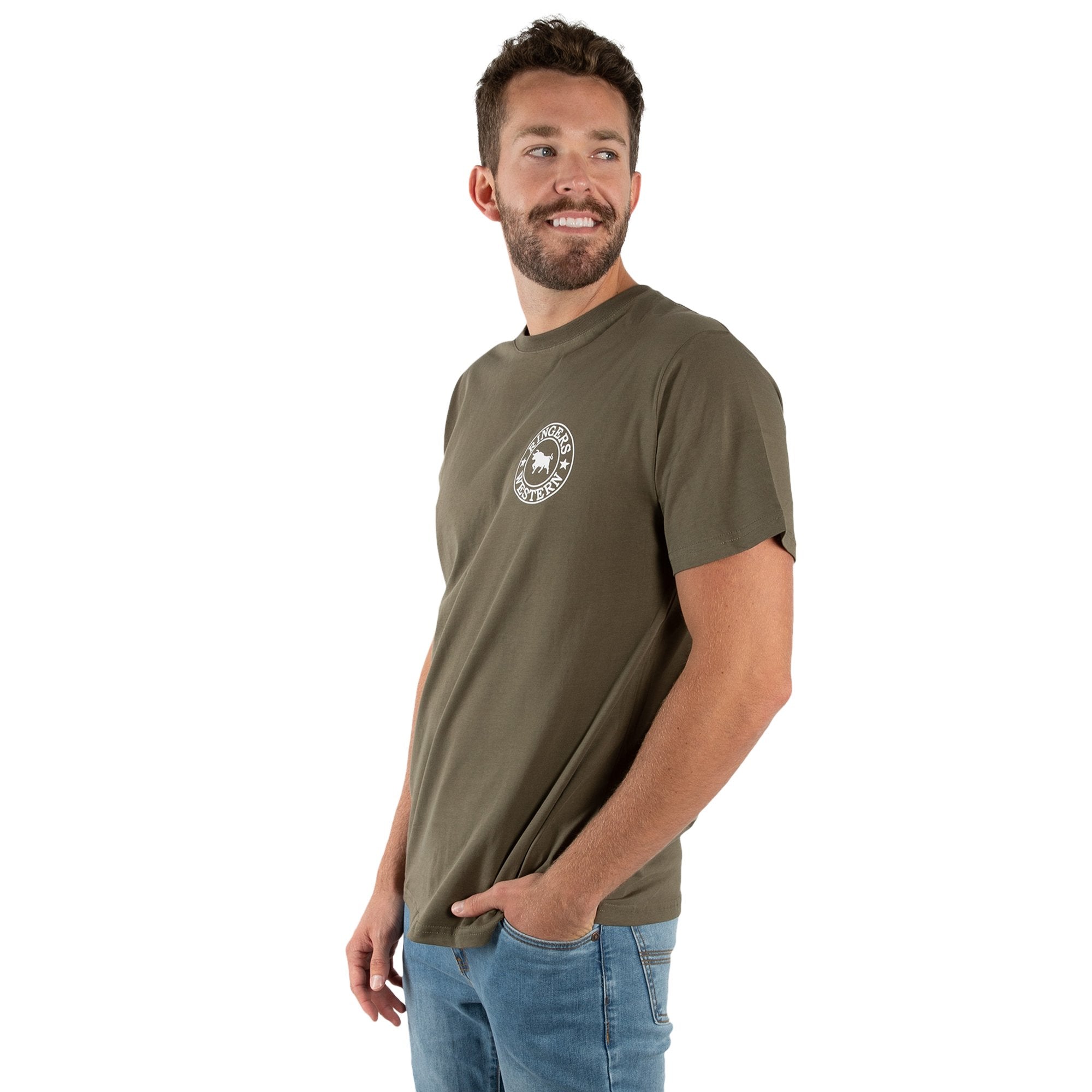 Signature Bull Mens Classic Fit T-Shirt  - Military Green/White