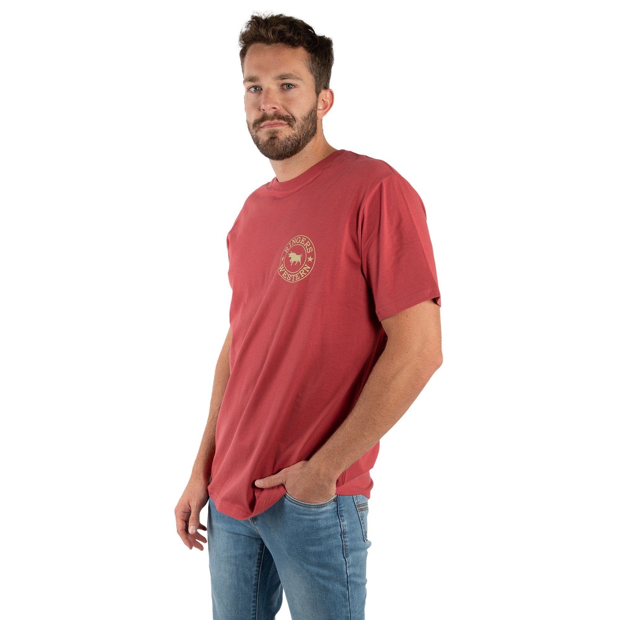 Signature Bull Mens Classic Fit T-Shirt - Red Brick With Gold Print